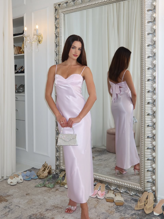 Light Pink Sheath Spaghetti Strap Satin Homecoming Dress Party Dress with Bow DP3591