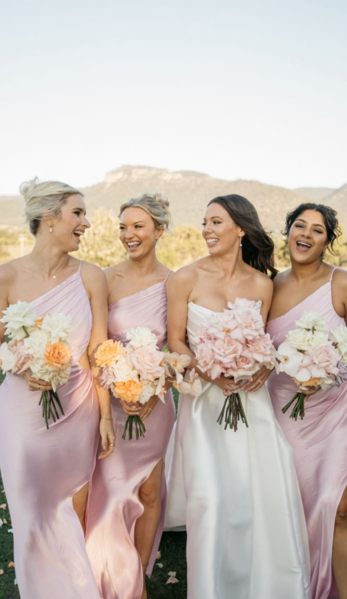 Sweety Pink Sheath One Shoulder Satin Long Bridesmaid Dress with Slit DP5112