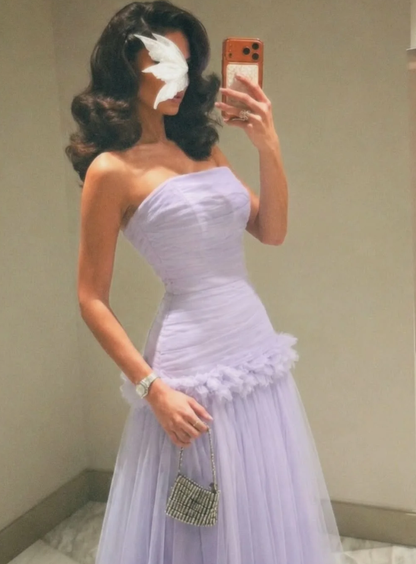 Romantic Lilac A Line Strapless Tulle Long Prom Dress Evening Dress DP6921