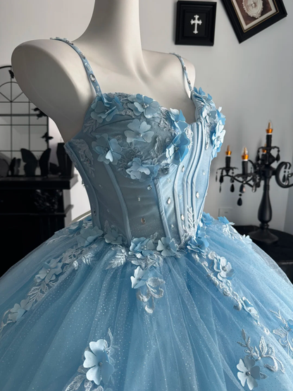 Baby Blue Ball Gown Spaghetti Strap Floral Tulle Prom Dress Quinceanera Dress DP6958