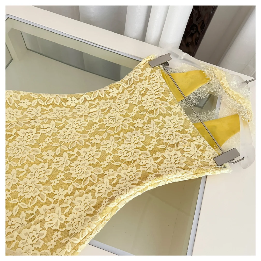 Yellow A Line Halter Lace Long Open Back Prom Dress Evening Dress DP2570