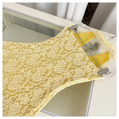 Yellow A Line Halter Lace Long Open Back Prom Dress Evening Dress DP2570