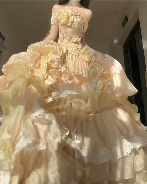 Cute Yellow Rose Ball Gown Off the Shoulder Beaded Satin Prom Dress 16th Birthday Dress DP4591