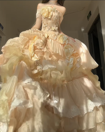 Cute Yellow Rose Ball Gown Off the Shoulder Beaded Satin Prom Dress 16th Birthday Dress DP4591