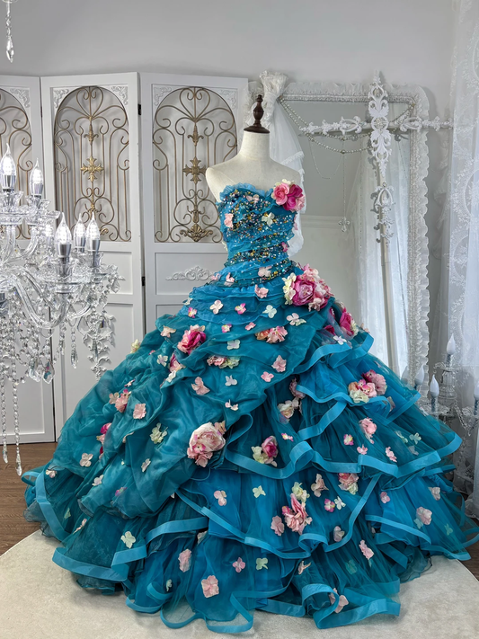 Vintage Blue Ball Gown Strapless 3D Floral Layered Tulle Prom Dress Sweet 16 Dress DP5664