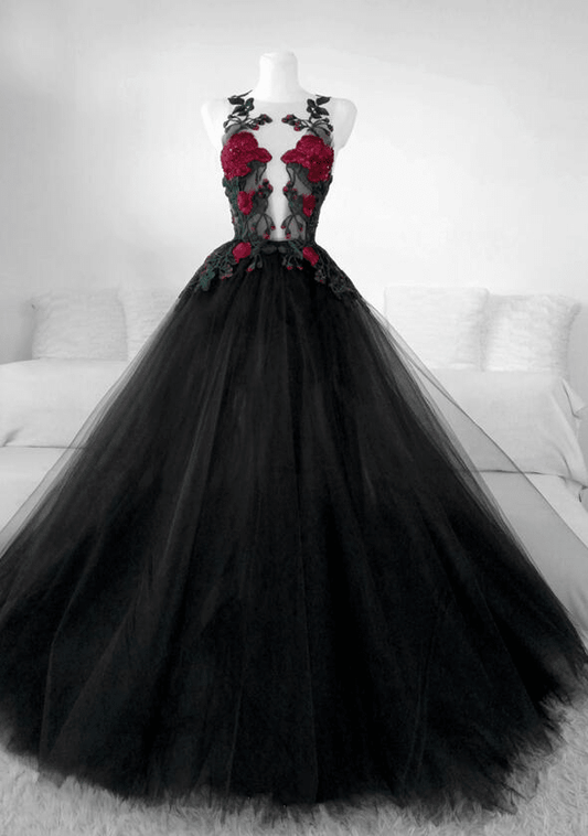 Black Tulle With Lace Applique Long Prom Dress, Black Party Dress Wedding Dress DP114