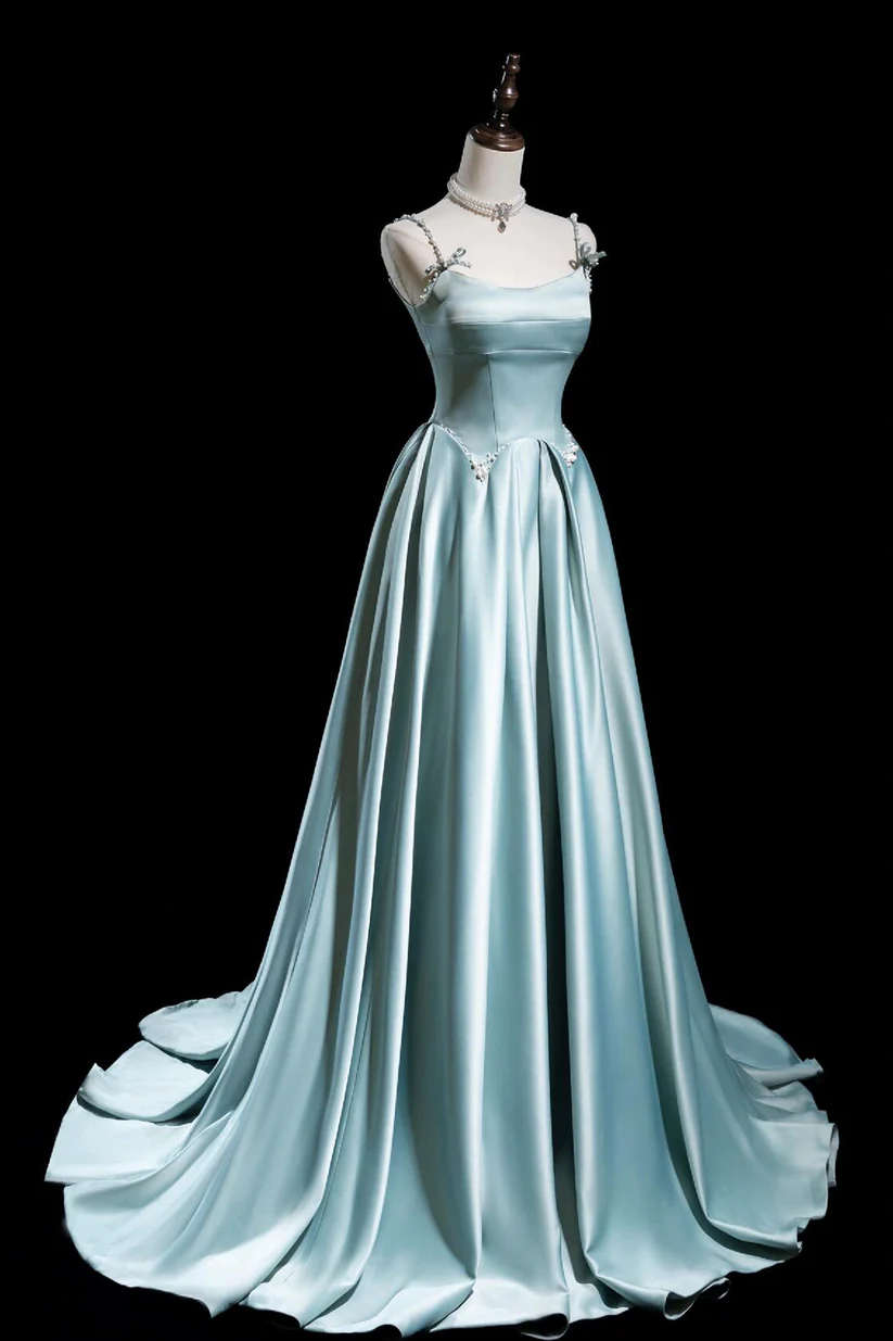 Lovely Pearls Beade Long Prom Dress Satin Spaghetti Strap Evening Party Dress DP486