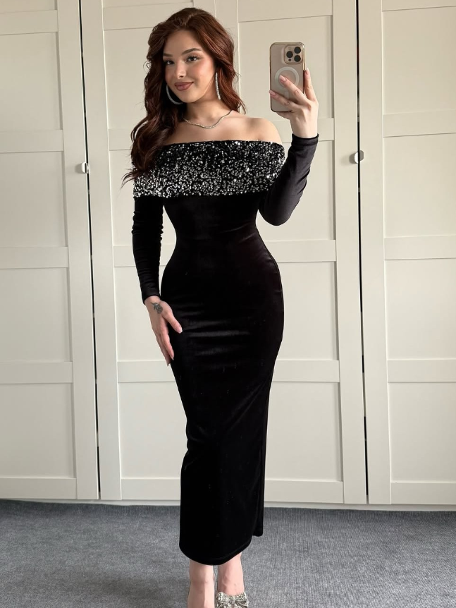 High-class Black Sheath Long Sleeve Sequin Velvet Prom Dress Party Dress DP6126