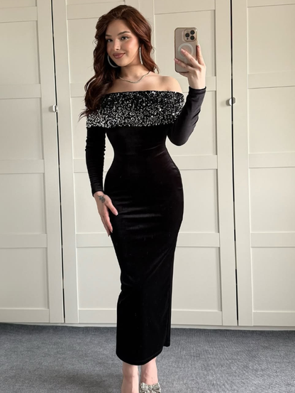 High-class Black Sheath Long Sleeve Sequin Velvet Prom Dress Party Dress DP6126