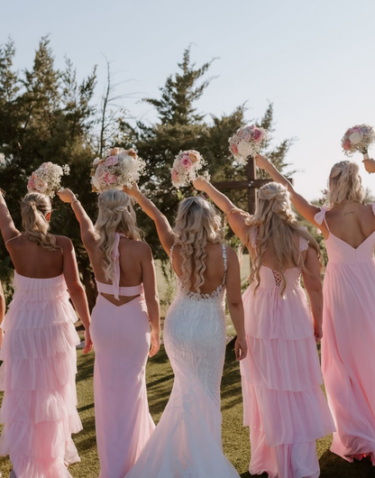 Sweety Pink A Line Straps Layered Chiffon Long Prom Dress Bridesmaid Dress with Slit DP4984