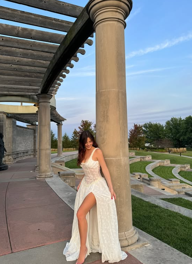 White A Line Spaghetti Straps Satin Long Prom Dress Evening Dress with Slit DP1479