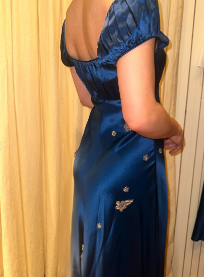 Navy Blue A Line Straps Exquisite Beaded Satin Prom Dress Evening Dress Outfits DP7187