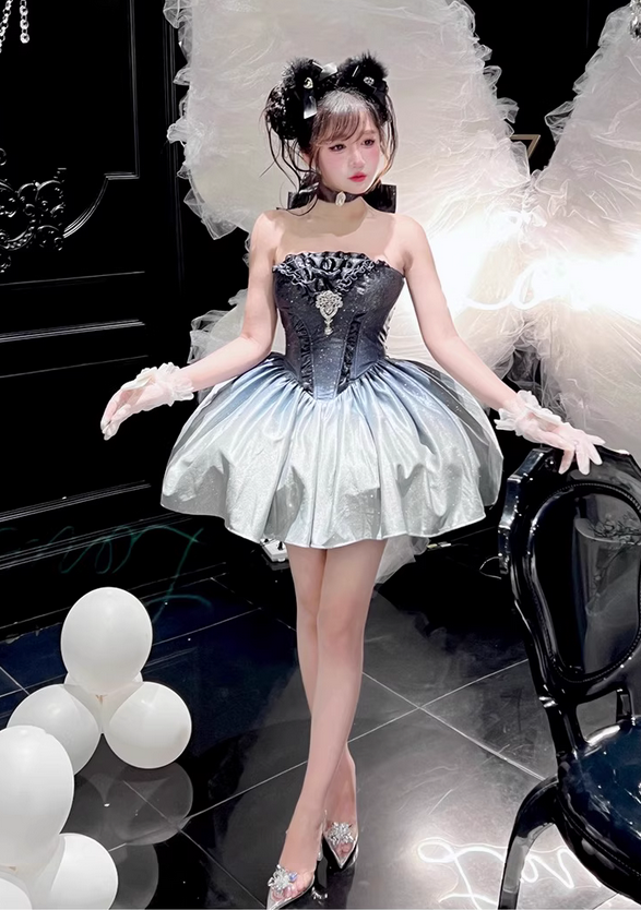 Stunning A Line Strapless Blue Ombre Sequin Satin Short Homecoming Dress Outfits DP4501