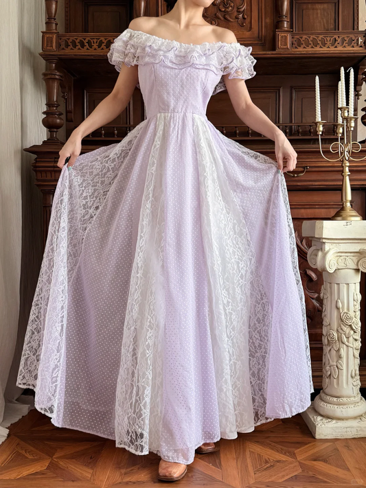 Fairy Lilac A Line Off the Shoulder Lace Chiffon Prom Dress Party Evening Dress DP5322