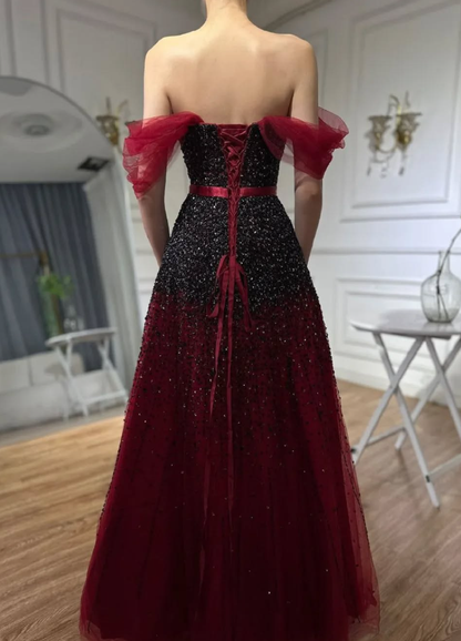 Burgundy A Line Off the Shoulder Beads Sequins Tulle Prom Dress Evening Dress DP1441