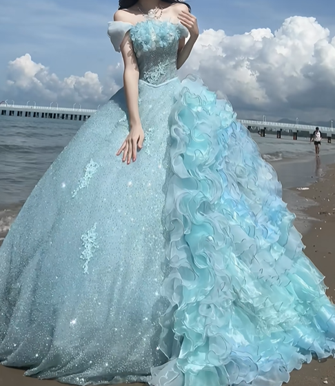 Blue A Line Off the Shoulder Sequin Floral Organza Prom Dress Graduation Ball Gown DP4566