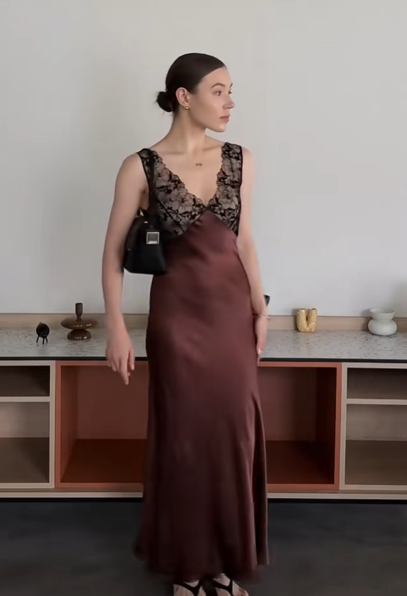 Brown Sheath V Neck Black Lace Satin Prom Dress Date Dress DP4797