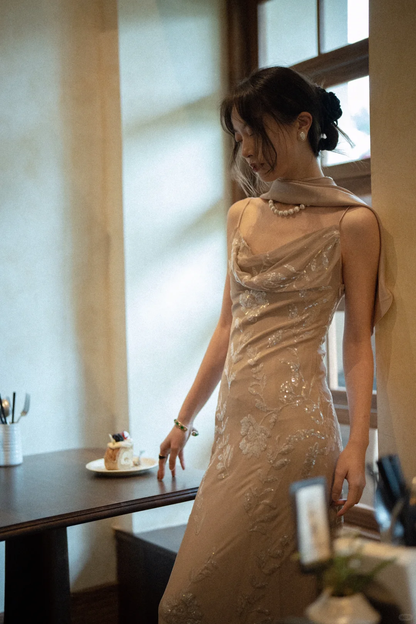 Vinatge Sheath Spaghetti Strap Exquisite Beaded Chiffon Long Prom Dress Party Dress DP4534