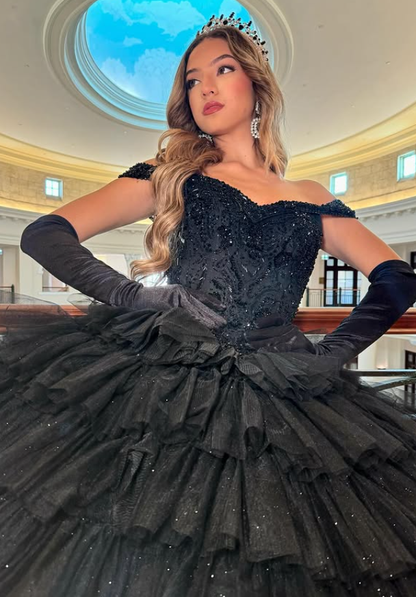 Black Ball Gown Off the Shoulder Beaded Layered Tulle Prom Dress Quinceanera Dress DP4834