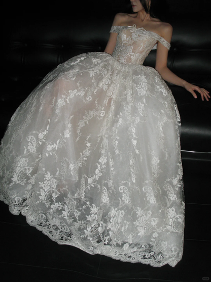 Princess Ball Gown Off the Shouler White Lace Long Wedding Dress DP4419