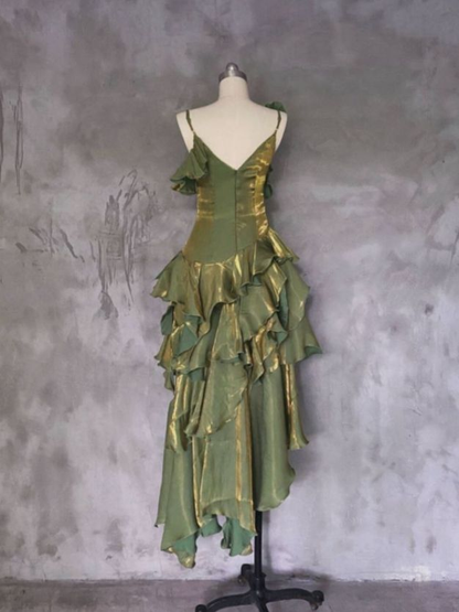 Green Asymmetrical Layered Ruffles Evening Gown Prom Dress Outfits DP669