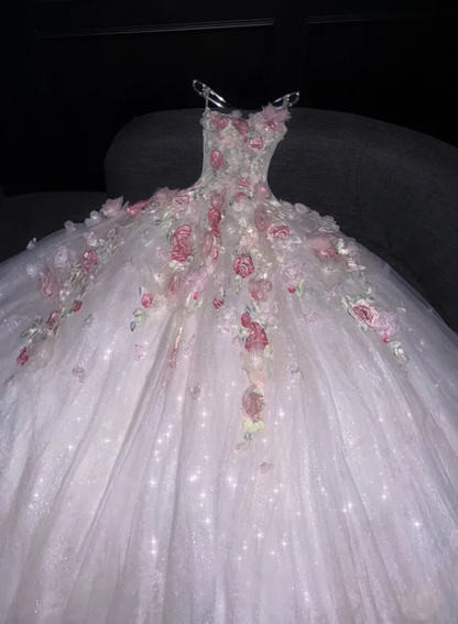 Sweety Pink Floral Ball Gown Strapless White Tulle Prom Dresses DP4642