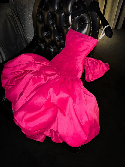 Cute Hot Pink A Line Strapless Satin Short Homecoming Dress Birthday Dress with Bow DP1947