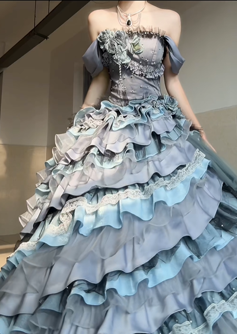 Grey Ball Gown Off the Shoulder Exquisite Beaded Layered Satin Prom Dress Graduation Ball Gown DP4580