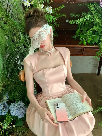 Pink A Line Spaghetti Strap Satin Short Homecoming Dress Cocktail Dress DP2530