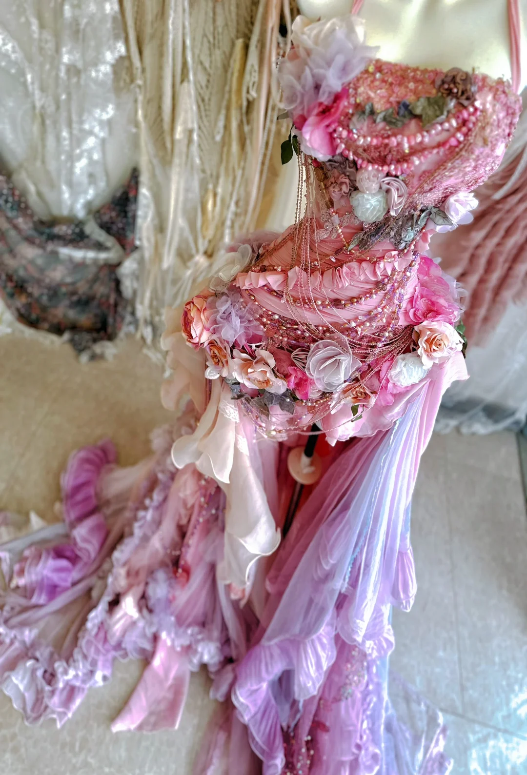 Unique Pink Mermaid Halter Exquisite Floral Chiffon Long Sweep Prom Dress Evening Dress Party Dress DP2973