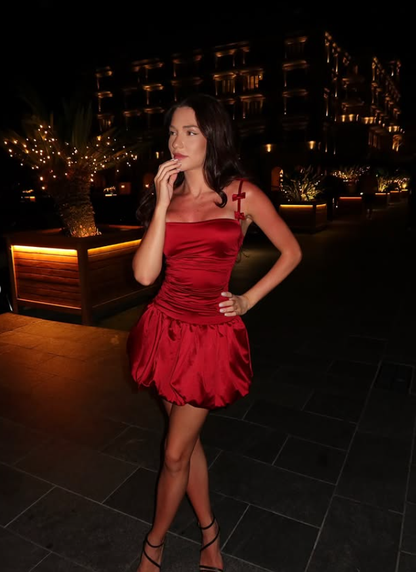 Burgundy Bow A Line Spaghetti Strap Satin Short Homecoming Dress Birthday Dress DP3680
