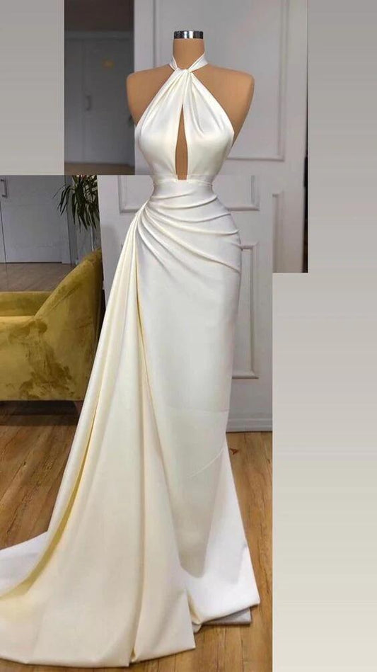 Vintage Mermaid Halter Sleeveless Ivory Long Prom Dress DP152