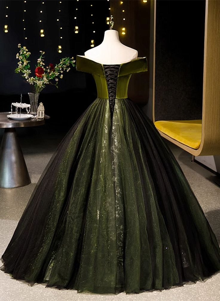 Green Velvet Tulle Off Shoulder Party Dress Prom Dress DP342