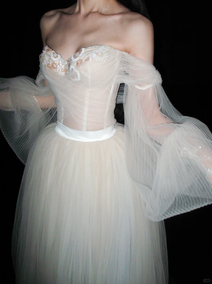Dreamy A Line Long Sleeve Beaded Tulle Long Prom Dress Wedding Dress DP6364