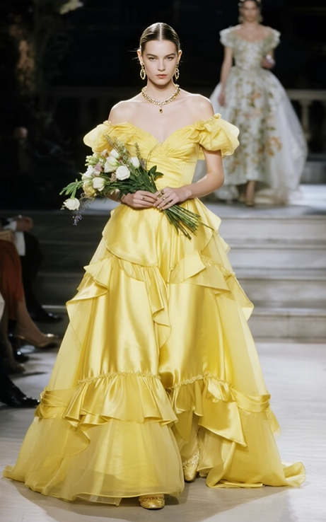 Yellow A Line Off the Shoulder Layered Satin Prom Dress Evening Dress DP4659
