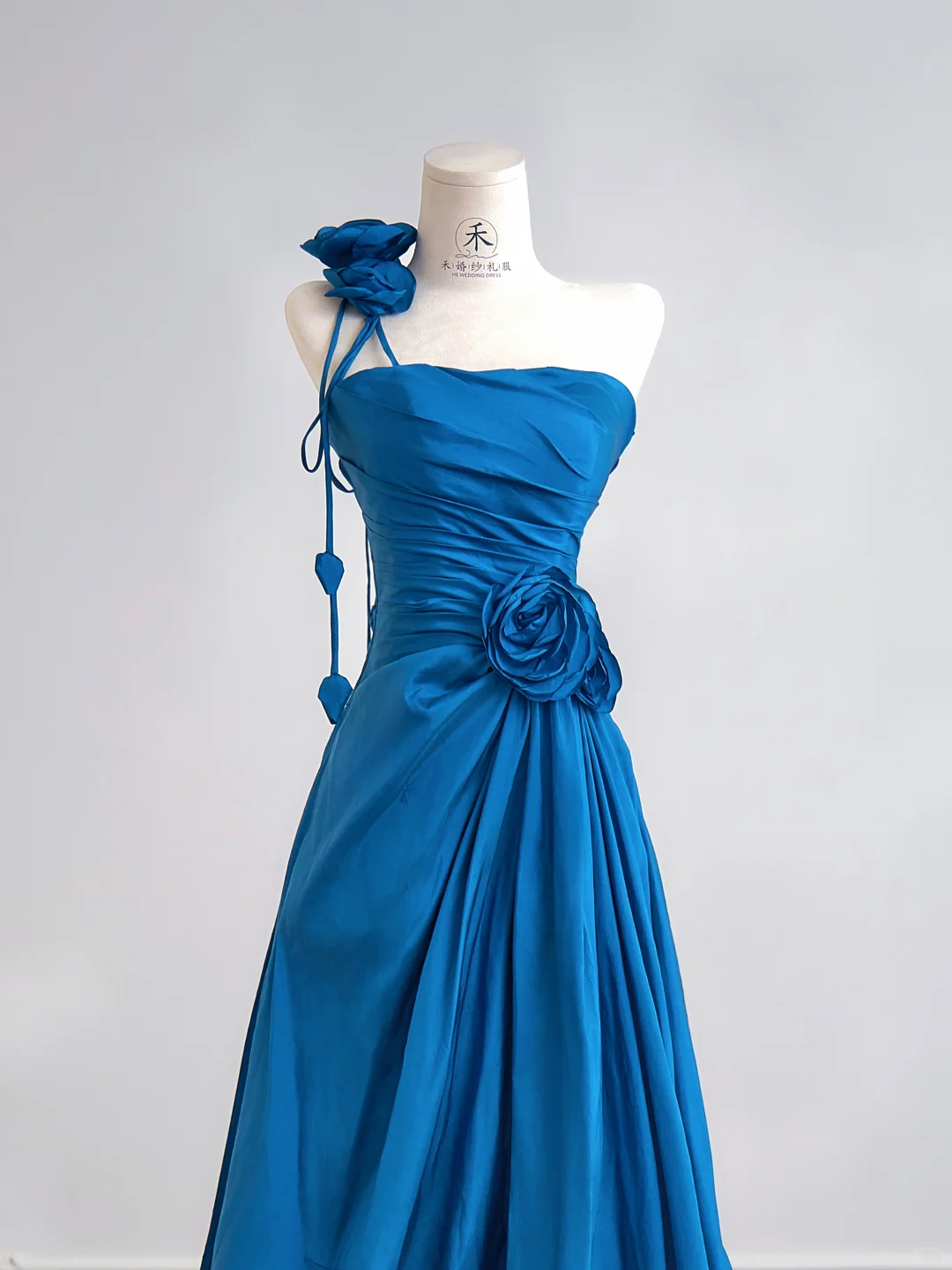 Classic Blue Ball Gown One Shoulder Floral Satin Prom Dress Wedding Guest Dress DP3877