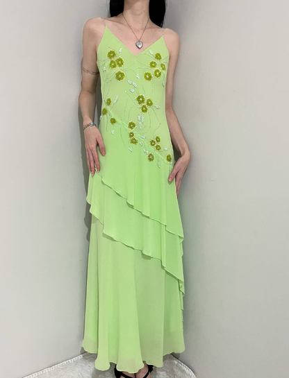 Vintage A Line Spaghetti Strap Beaded Green Chiffon Open Back Prom Dress Evening Dress DP2138