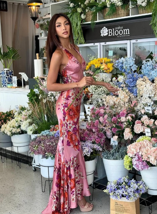 Vintage Mermaid V Neck Beaded Print Flower Satin Prom Dress Evening Dress DP1678