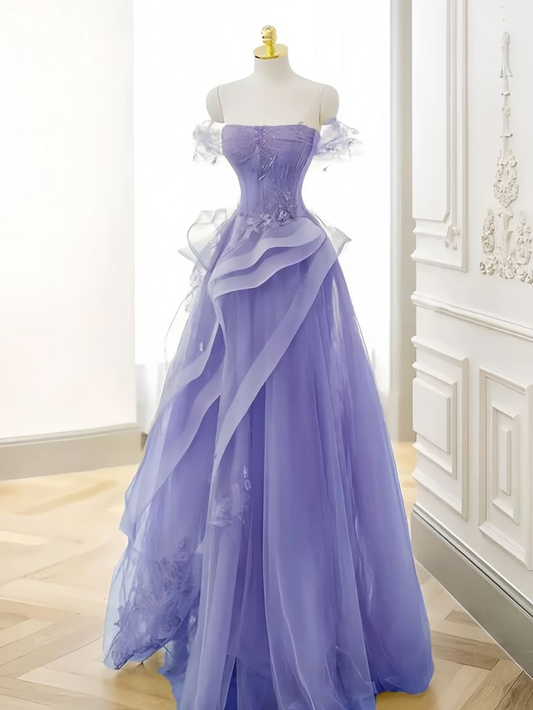 Off Shoulder Tulle Ruffles Purple Appliques Prom Dress  DP277