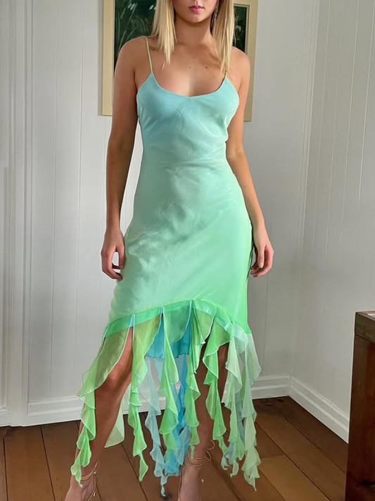 Summer Green Ombre Mermaid Straps Ruffle Chiffon Prom Dress Evening Dress DP5501