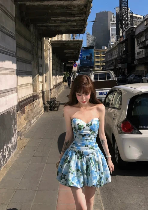 Cute A Line Sweetheart Neck Blue Print Floral Satin Short Homecoming Dress Outfits DP6398