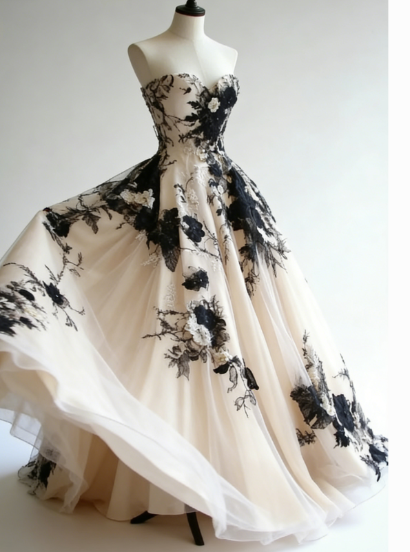 Stunning Ball Gown Sweetheart Neck Black Appliques Tulle Prom Dress Evening Gown DP5038