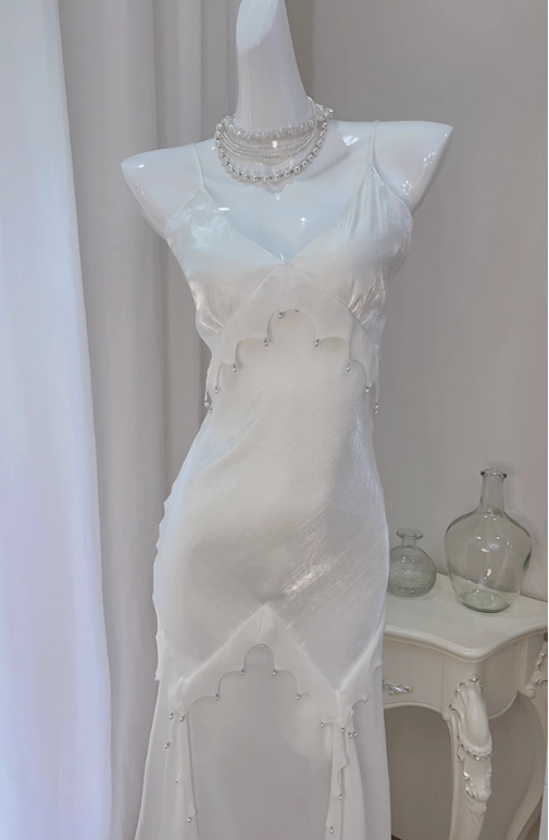 White Mermaid Spaghetti Strap Pearl Chiffon Satin Prom Dress Evening Dress Party Dress DP3584