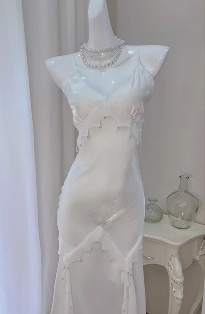 White Mermaid Spaghetti Strap Pearl Chiffon Satin Prom Dress Evening Dress Party Dress DP3584