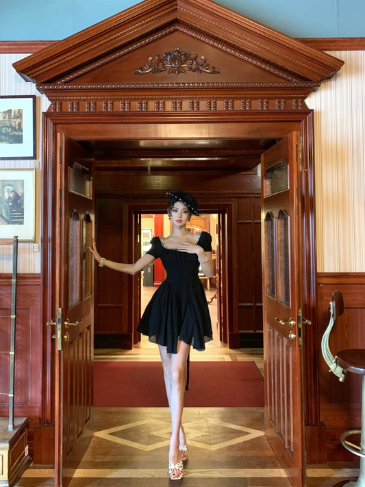 Cute A Line Puff Beaded Black Chiffon Short Homecoming Dress Outfits DP4555