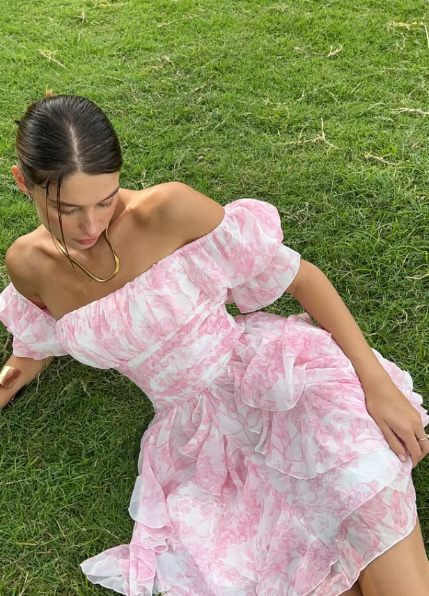 Pink Print Floral A Line Off the Shoulder Ruffle Chiffon Short Homecoming Dress Outfits DP3029