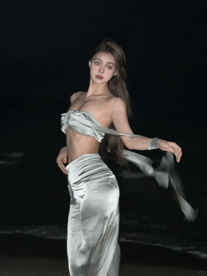 Stunning Sheath Two Piece Silver Satin Prom Dress Evening Dress DP4021