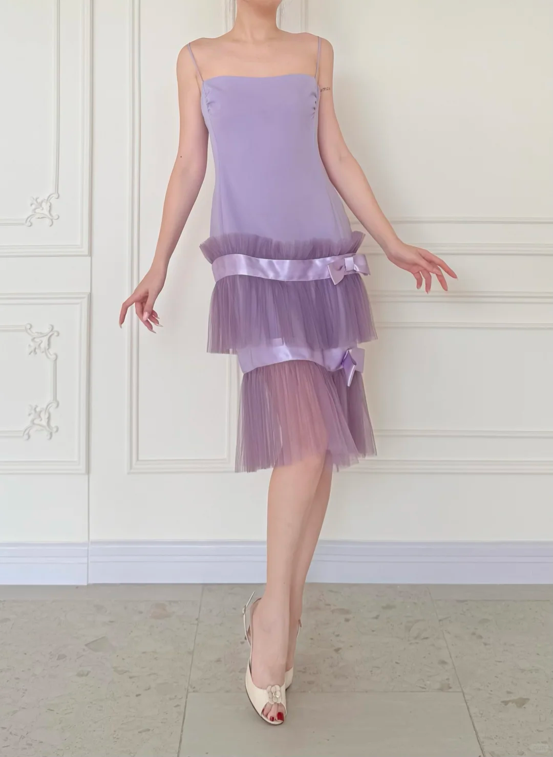Lilac A Line Spaghetti Strap Satin Layered Tulle Short Prom Dress Homecoming Dress DP5431