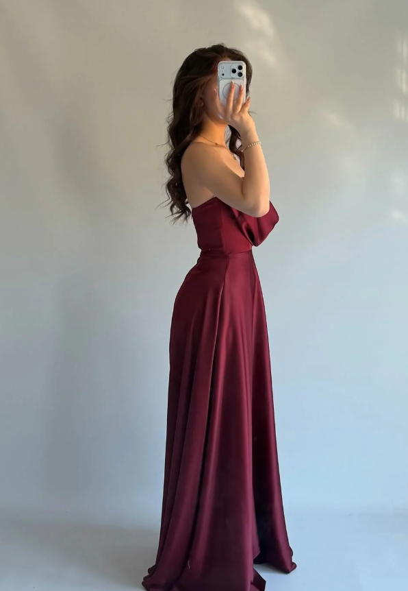 Simple Burgundy A Line Strapless Satin Long Prom Dress Evening Dress DP6934