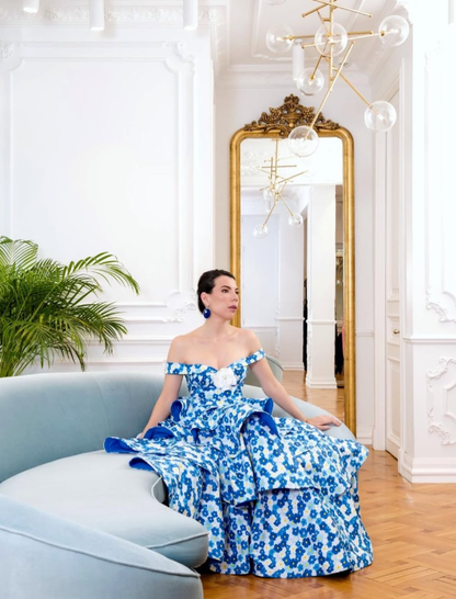 Blue Print A Line Off the Shoulder Layered Satin Long Prom Dress Evening Dress DP7123
